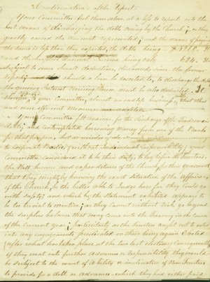 Draft of Trustees' report (April 13, 1812) suggested layoffs or decrease in clergy salary to combat the church's growing debt